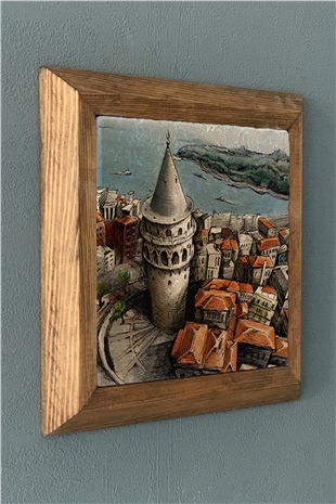 Masif Çerçeveli İstanbul Galata Kulesi Doğaltaş Tablo Pano Oscar Stone Decor 28X28 CM